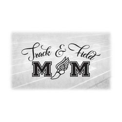 sports clipart: arched words 'track & field' in fancy script w/ word 'mom' in bold block plus wing shoe symbol - digital