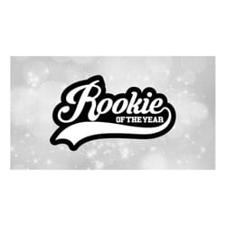 sports clipart: baseball style swoosh word 'rookie' with 'of the year' in block type - layered white on black - digital