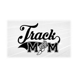 sports clipart: black words 'track mom' in baseball swoosh style w/ winged running shoe for track & field, digital downl