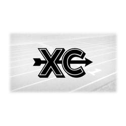 sports clipart: bold black oultined letters 'xc' standing for cross country with arrow through the middle - digital down