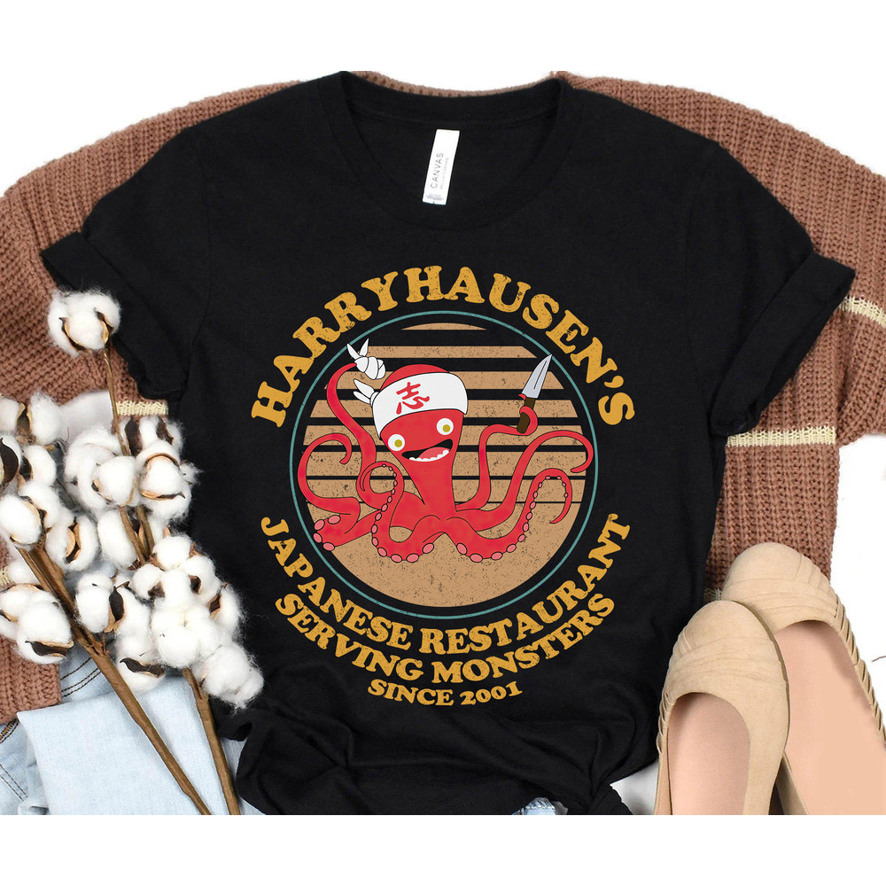 Retro Octopus Chef Harryhausen's Japanese Restaurant T-Shirt, Disneyland Family Matching Tee, Disneyworld Trip Unisex Adult Kid T-Shirt.jpg