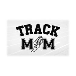 sports clipart: black words 'track mom' in college letters w/ winged running shoe 'o' for track & field - digital downl