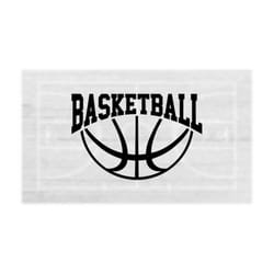 sports clipart: large black half basketball shape under bold word 'basketball' in college block lettering-larendarollins