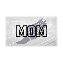 sports clipart: black bold block word 'mom' overlay on gray track & field winged shoe - hermes/mercury symbol - digital