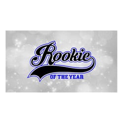 sports clipart: baseball style swoosh word 'rookie' w/ 'of the year' in block type - black, white and blue layers - digi