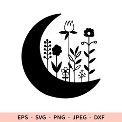 Floral Moon Svg Crescent Moon with Flowers Dxf Black icon for Cricut Celestial dxf for laser cut Cute Moon Png