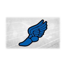 sports clipart: blue on black layered winged running shoe outline from mercury / hermes 'track & field', events - digita