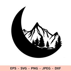 Moon and Mountains SVG Crescent Moon Landscape Dxf Hiking Svg Outdoors Svg Nature for Cricut Moon Tree dxf laser cut