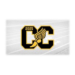 sports clipart: college letters 'cc' for cross country w/ winged track shoe cutout and 2025 over gold - digital download