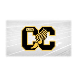 sports clipart: college letters 'cc' for cross country w/ winged track shoe cutout and 2025 over gold - digital download