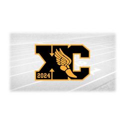 sports clipart: college style letters 'xc' for cross country w/ winged track shoe and 2024 cutout on gold - digital down