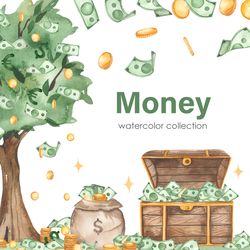 Money, money tree, treasure, chest with money, gold coins, dollars, bills. Watercolor clipart. Digital watercolor, PNG