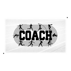 sports clipart: track & field word 'coach' in bold black letters w/ running track and coed event athletes, digital downl