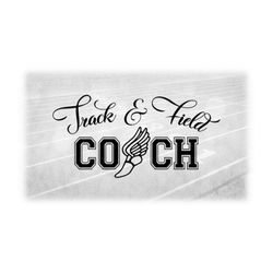 sports clipart: arched words 'track & field' in fancy script w/ word coach' in bold block plus wing shoe symbol - digita