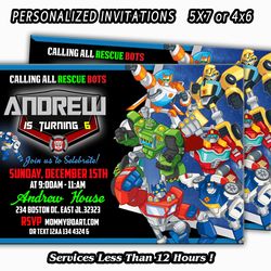 rescue bots invitation, rescue bots birthday, rescue bots birthday party, personalized invitation