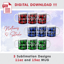 3 Christmas Buffalo Plaid Patterns - 11oz 15oz MUG - Sublimation Mug Wrap