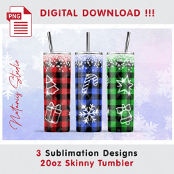 3 Christmas Buffalo Plaid Patterns - Seamless Sublimation designs - 20oz SKINNY TUMBLER - Full Wrap