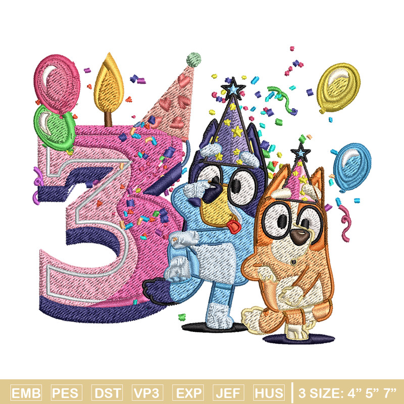 Bluey bingo 3rd birthday Embroidery, Bluey birthday Embroidery, Embroidery File, cartoon design, Digital download..jpg