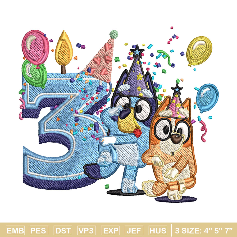 Bluey bingo 3rd birthday Embroidery, Bluey birthday Embroidery, Embroidery File, cartoon design, Instant download..jpg