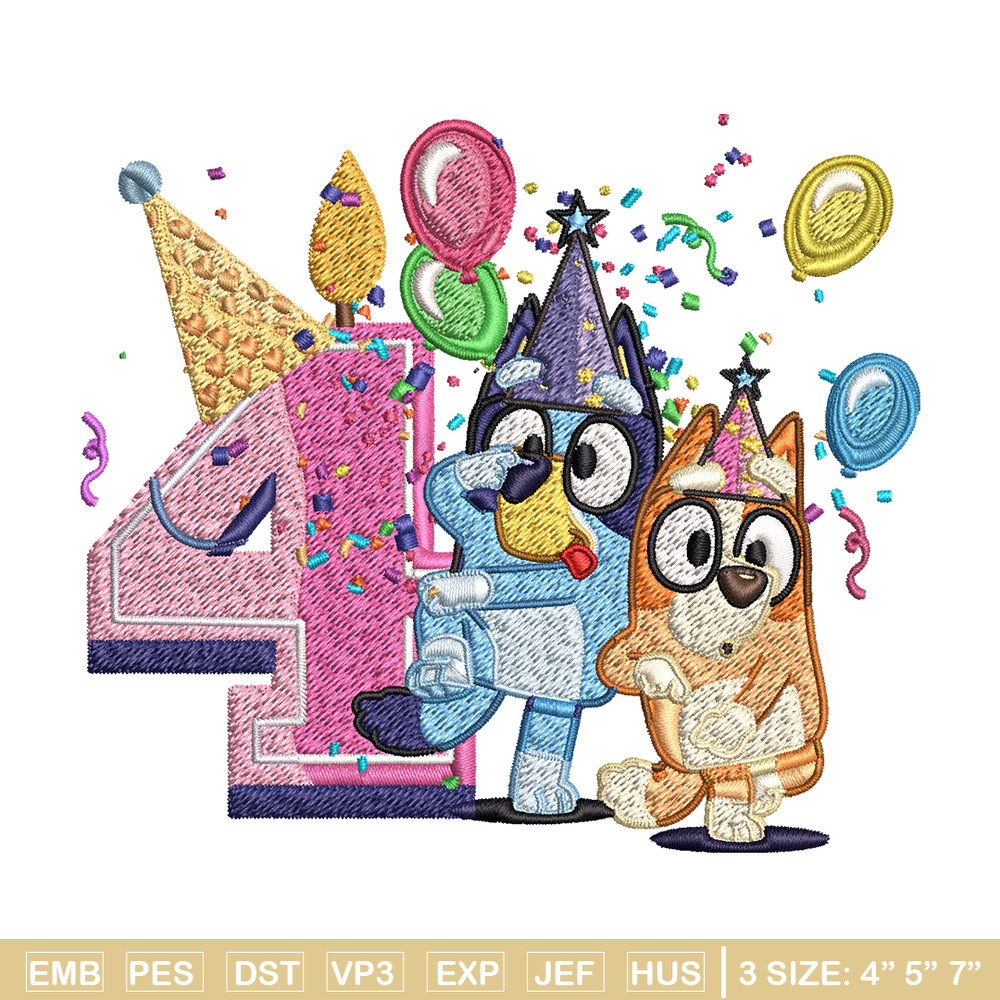 Bluey bingo 4th birthday Embroidery, Bluey birthday Embroidery, Embroidery File, cartoon design, Instant download..jpg