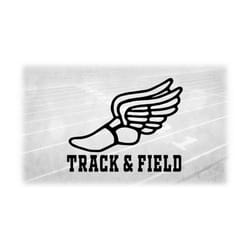 sports clipart: black winged running shoe outline from mercury / hermes with words 'track & field' type events - digital