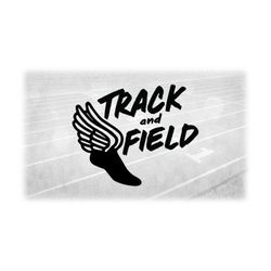 sports clipart: black winged hermes or mercury track shoe silhouette with paint stroke words 'track & field' - digital d