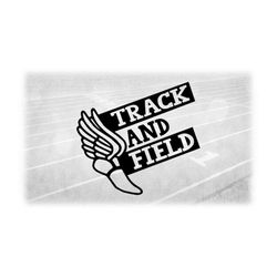 sports clipart: large black hermes or mercury track shoe silhouette with boxed words 'track & field' attached - digital
