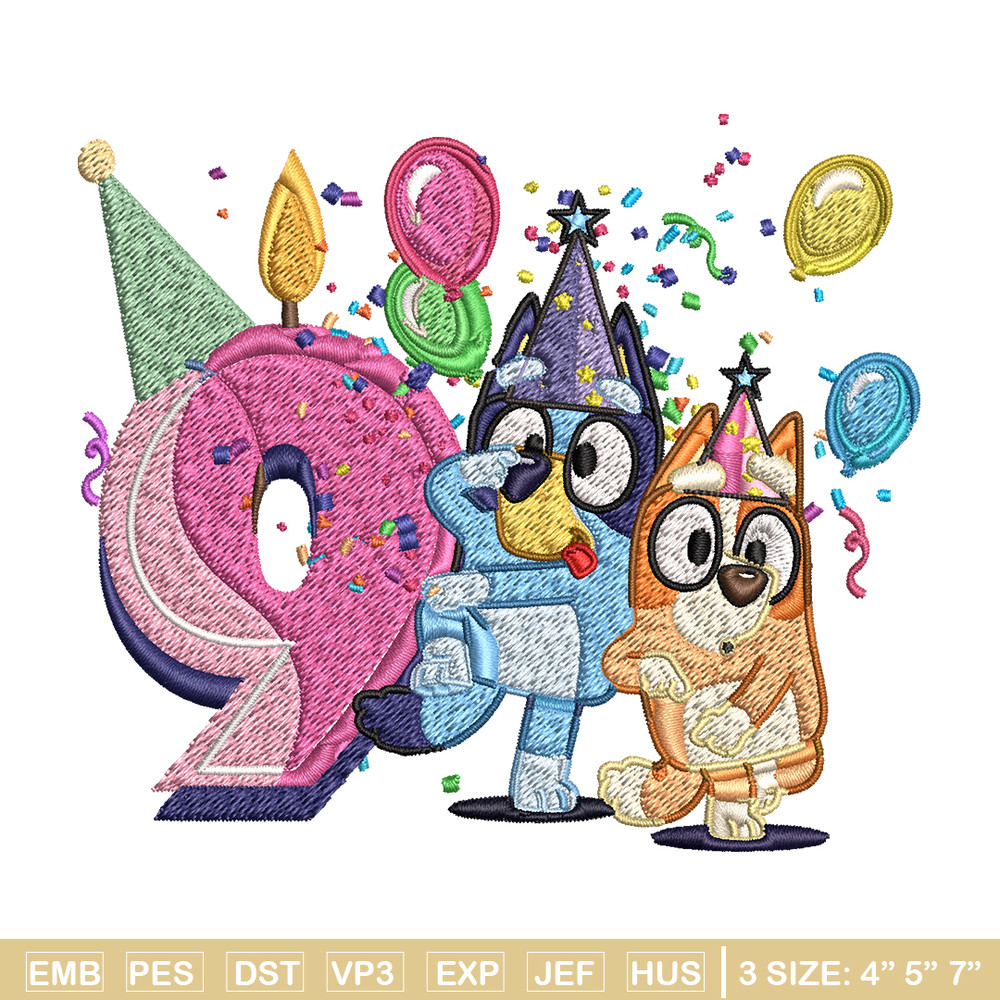 Bluey bingo 9th birthday Embroidery, Bluey birthday Embroidery, Embroidery File, cartoon design, Digital download..jpg