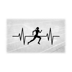 sports clipart: black track & field female runner or cross country w/ heart rate, beat, ekg, ecg or pulse - digital down