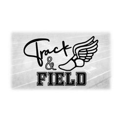sports clipart: black words 'track & field' in script and block letters w/ hermes or mercury track shoe symbol - digital