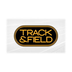 sports clipart: black running track to scale with tubular words 'track & field' cutout on gold background - digital down