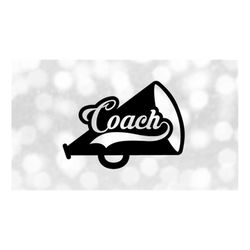 sports clipart: black megaphone with word 'coach' with swoosh stripe underline cutout for cheerleading - digital downloa