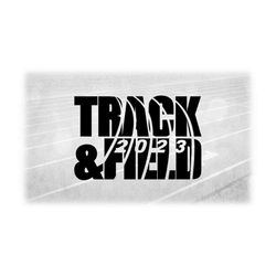 sports clipart: black words 'track and field' with cutout of four-lane track with 2023 numbers in perspective - digital