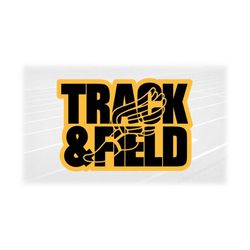 sports clipart: bold black words 'track & field' with winged shoe cutout over golden yellow background - digital downloa