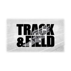 sports clipart: large black bold words 'track and field' with gray mercury or hermes winged track shoe overlay - digital