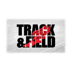 sports clipart: large black bold words 'track and field' with red mercury or hermes winged track shoe overlay - digital