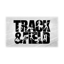 sports clipart: black words 'track and field' with female athlete silhouette cutouts performing events - digital downloa