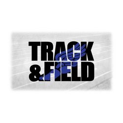 sports clipart: large black bold words 'track and field' with blue mercury or hermes winged track shoe overlay - digital