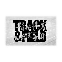 sports clipart: black words 'track & field' w/ gray overlays of male athlete silhouettes performing events, digital down