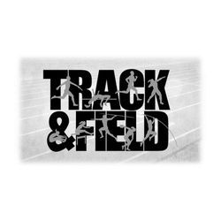 sports clipart: black 'track *& field' with gray overlays of male and female silhouettes performing events, digital down