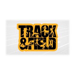 sports clipart: black words 'track and field' with female athletes performing events cutout over yellow - digital downlo