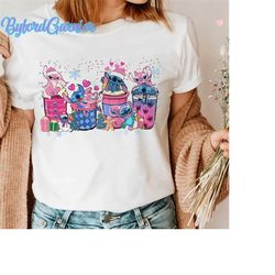 cute stitch and angel coffee tea sweater, disney couples xmas latte drink cup lights tee, lilo stitch epcot shirt, disne