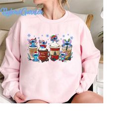 cute stitch and angel coffee tea sweatshirt, disney couples xmas latte drink cup lights, lilo stitch epcot shirt, disney