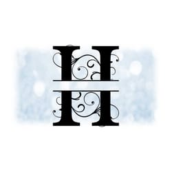 word clipart: split name frame black formal style capital letter initial / monogram 'h' w/ floral curls/swirls - digital