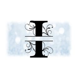 word clipart: split name frame black formal style capital letter initial / monogram 'i' w/ floral curls/swirls - digital