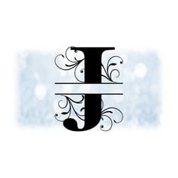 word clipart: split name frame black formal style capital letter initial / monogram 'j' w/ floral curls/swirls - digital