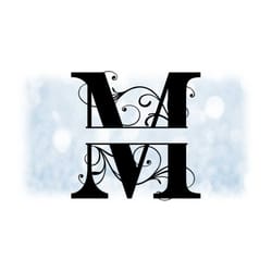 word clipart: split name frame black formal style capital letter initial / monogram 'm' w/ floral curls/swirls - digital