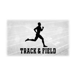 sports clipart: words 'track & field' with silhouette of male / man / boy / guy muscular athlete in running pose - digit