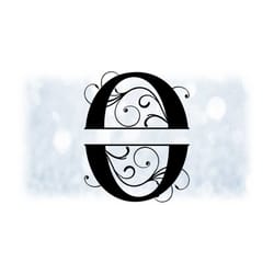 word clipart: split name frame black formal style capital letter initial / monogram 'o' w/ floral curls/swirls - digital