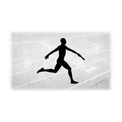 sports clipart: simple black silhouette of male / boy / man relay runner in running stance with baton in hand - digital